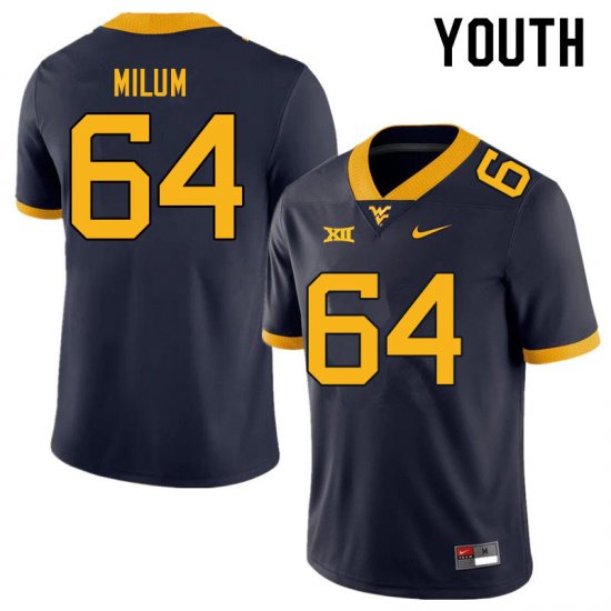 Youth West Virginia Mountaineers NCAA #64 Wyatt Milum Navy Authentic Nike Stitched College Football Jersey CE15N17UC